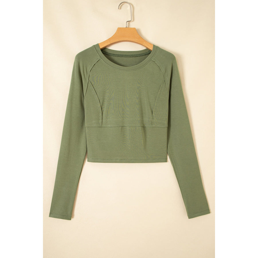 Guacamole Green Round Neck Paneling Long Sleeve Top Tops/Long Tops