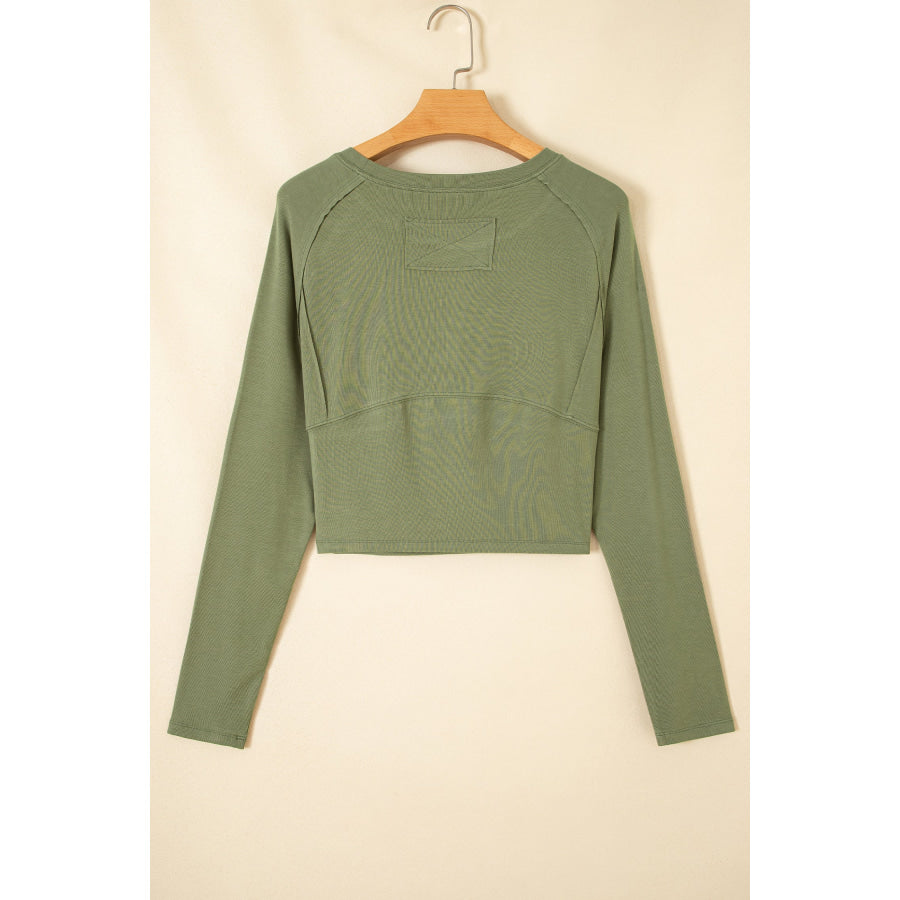 Guacamole Green Round Neck Paneling Long Sleeve Top Tops/Long Tops