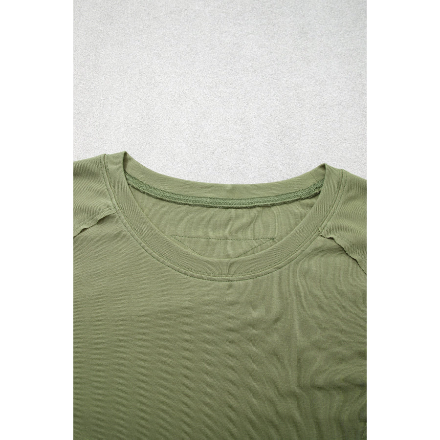 Guacamole Green Round Neck Paneling Long Sleeve Top Tops/Long Tops