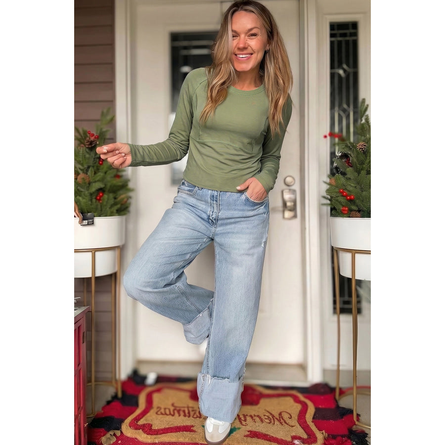 Guacamole Green Round Neck Paneling Long Sleeve Top Tops/Long Tops