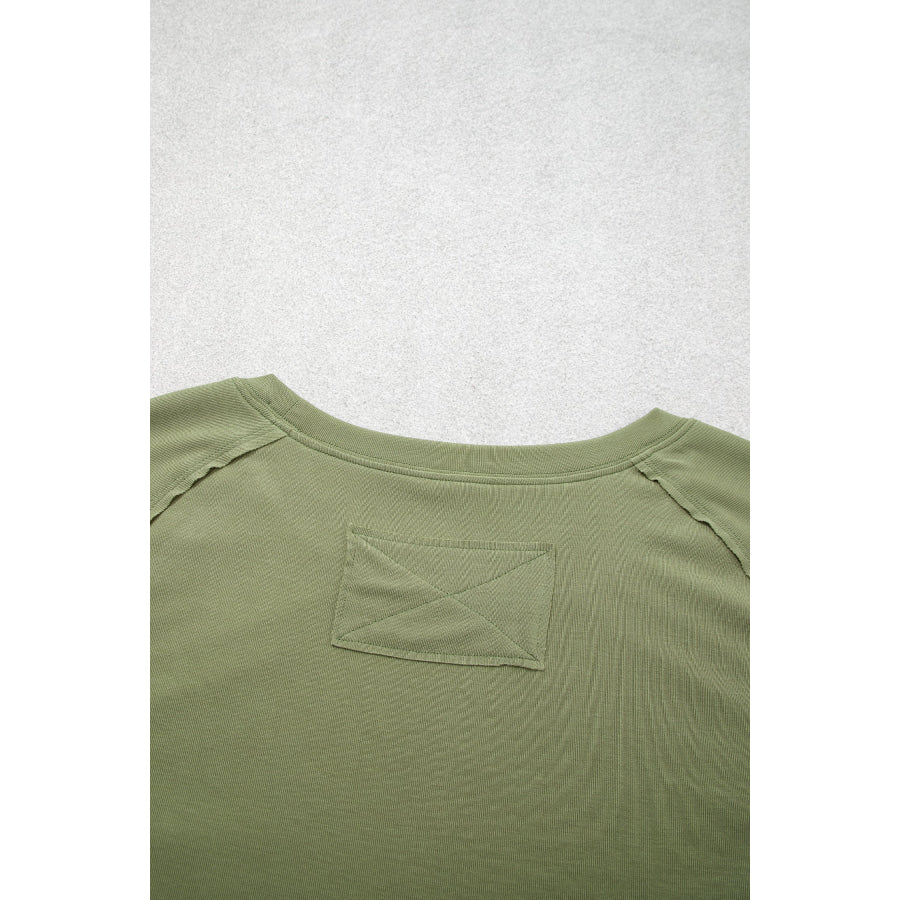 Guacamole Green Round Neck Paneling Long Sleeve Top Tops/Long Tops