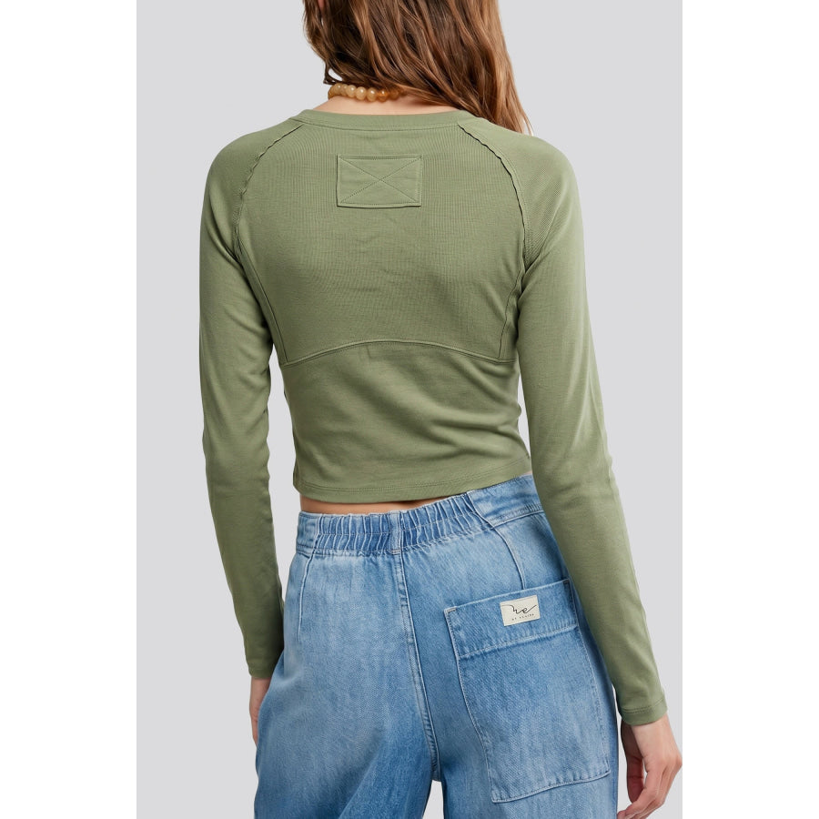 Guacamole Green Round Neck Paneling Long Sleeve Top Tops/Long Tops