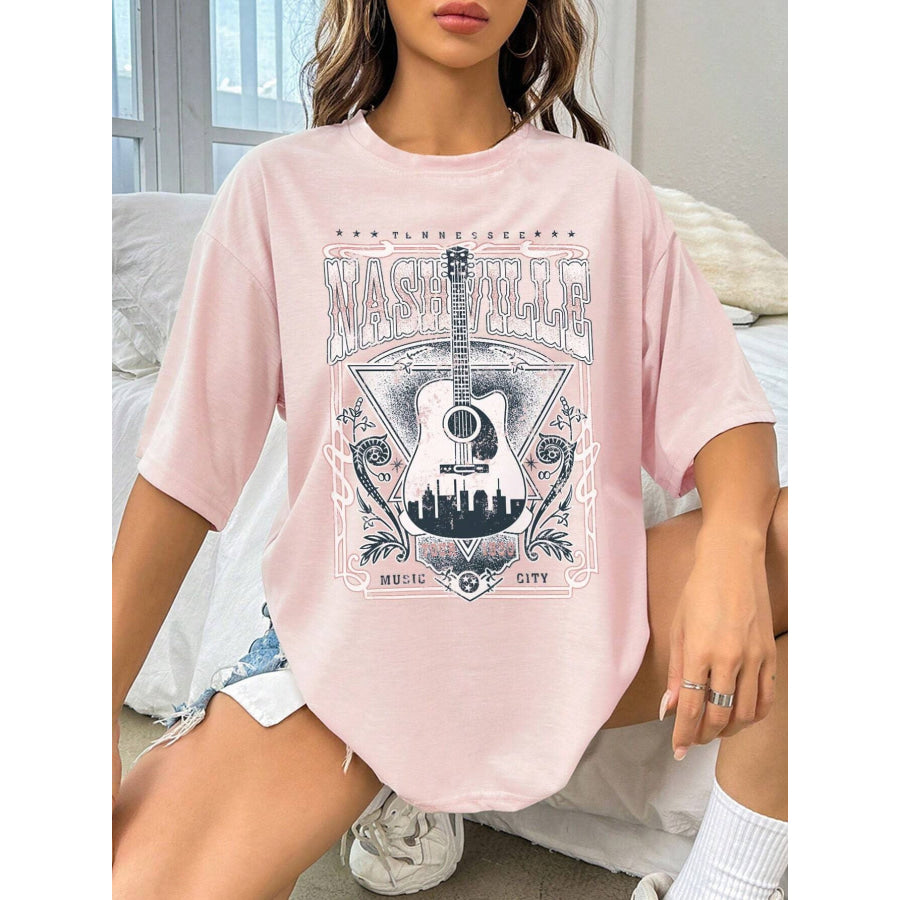 Guitar Graphic Round Neck Half Sleeve T - Shirt Blush Pink / S Apparel and Accessories