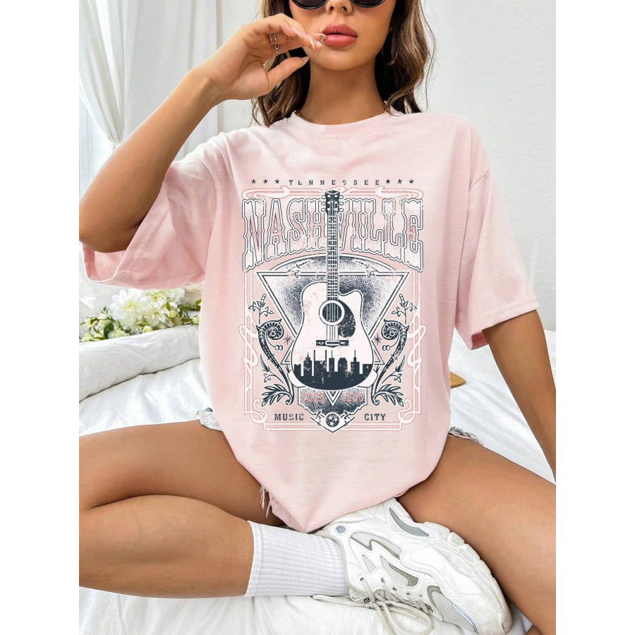 Guitar Graphic Round Neck Half Sleeve T - Shirt Blush Pink / S Apparel and Accessories