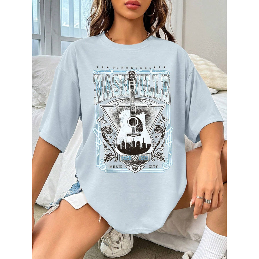 Guitar Graphic Round Neck Half Sleeve T - Shirt Misty Blue / S Apparel and Accessories