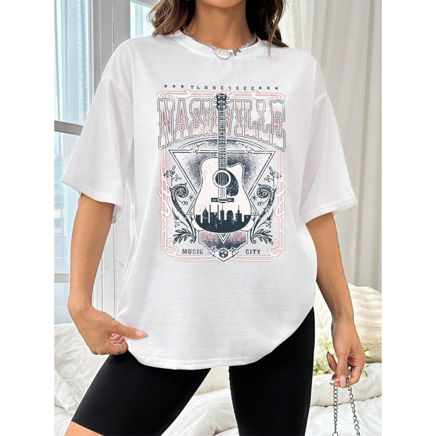 Guitar Graphic Round Neck Half Sleeve T - Shirt White / S Apparel and Accessories