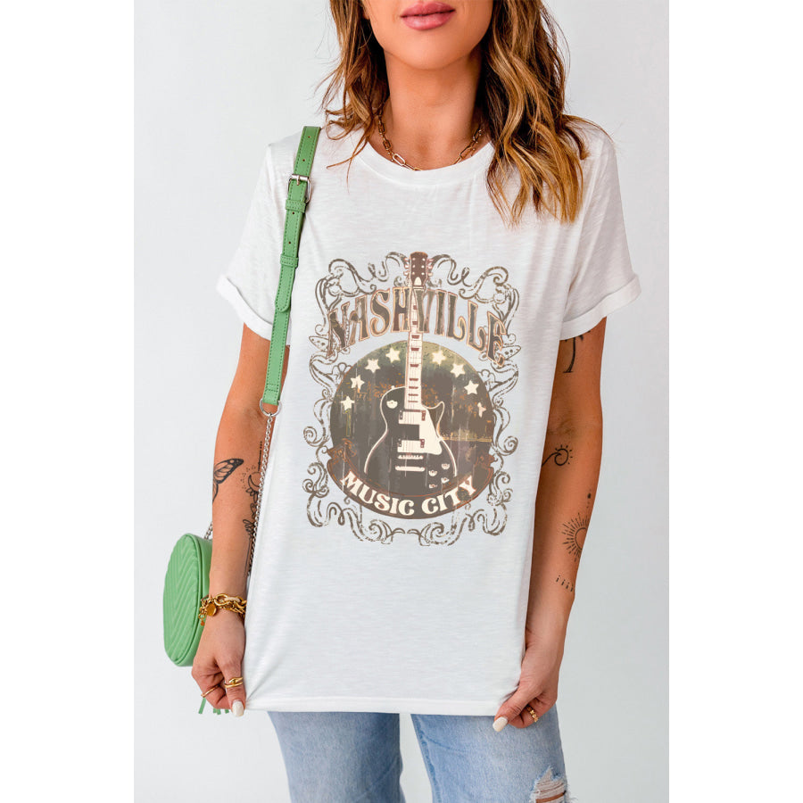 Guitar Graphic Round Neck Short Sleeve T-Shirt White / S Apparel and Accessories