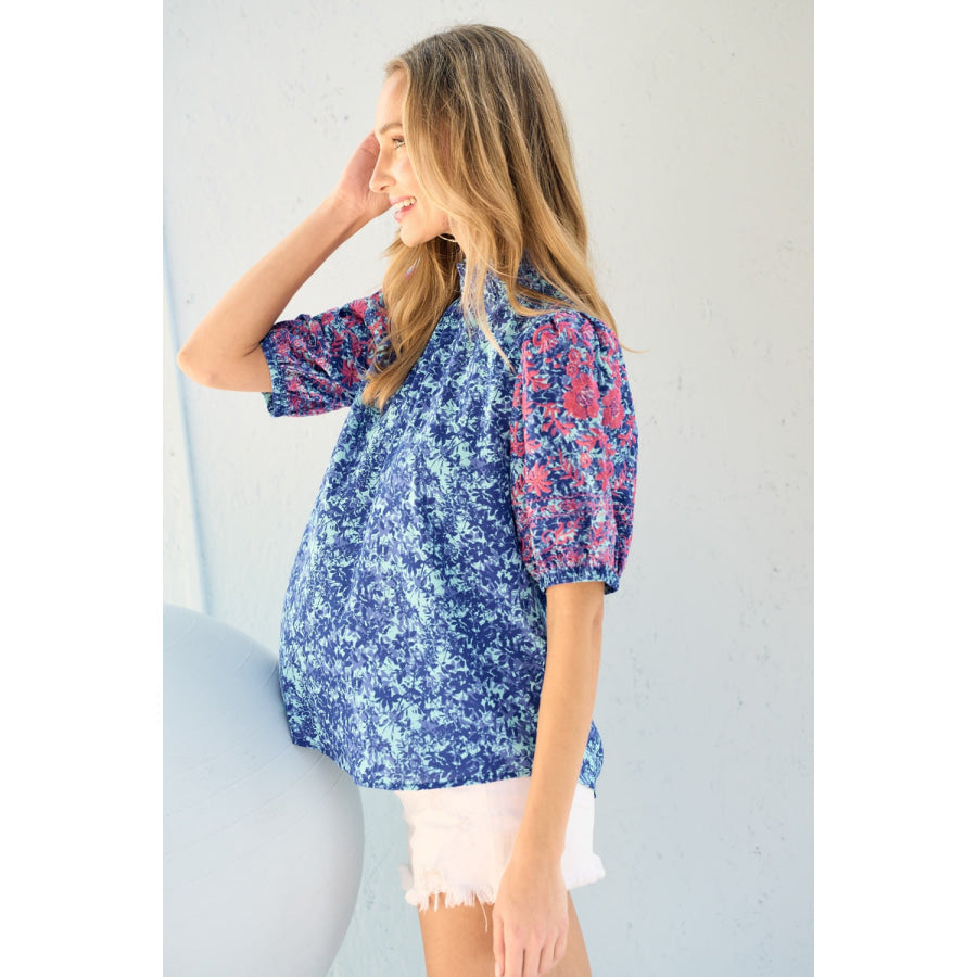 Hailey &amp; Co Embroidered Puff Sleeve Printed Blouse Apparel and Accessories