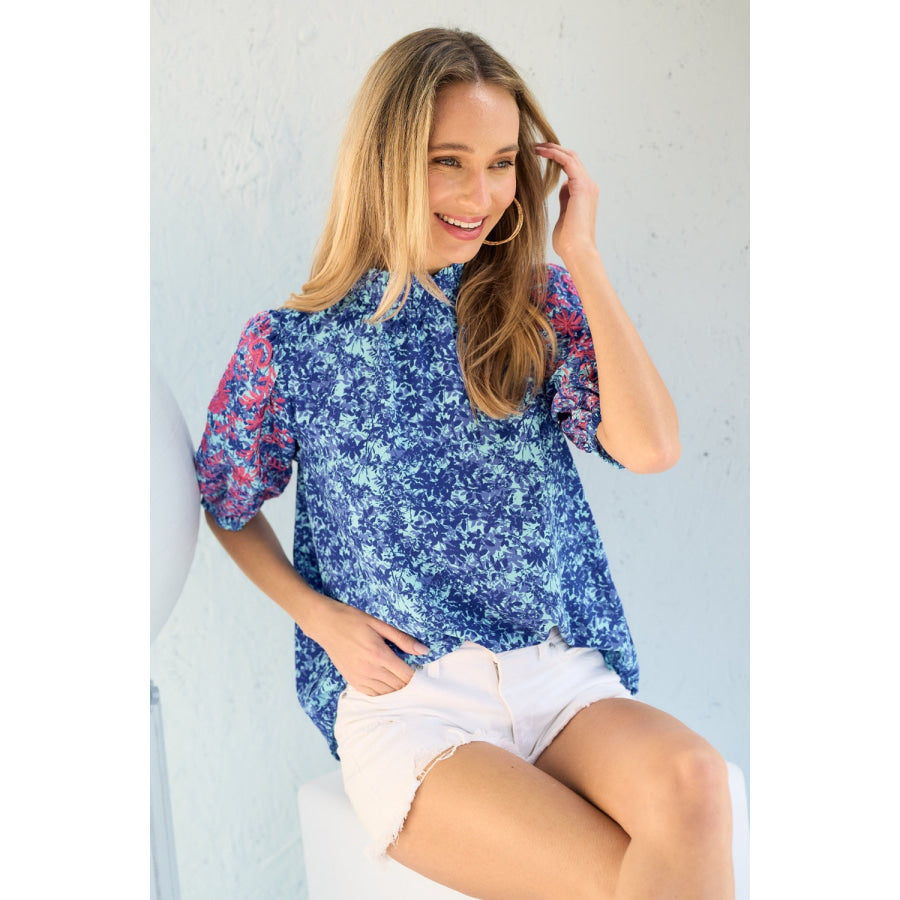 Hailey &amp; Co Embroidered Puff Sleeve Printed Blouse Apparel and Accessories