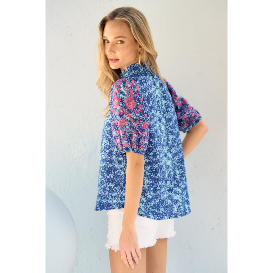 Hailey &amp; Co Embroidered Puff Sleeve Printed Blouse Apparel and Accessories