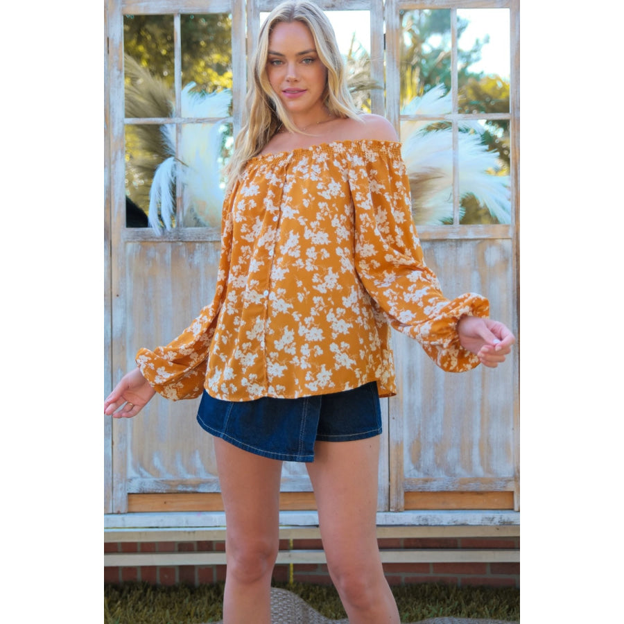 Hailey &amp; Co Floral Off-Shoulder Balloon Sleeve Blouse Apparel and Accessories