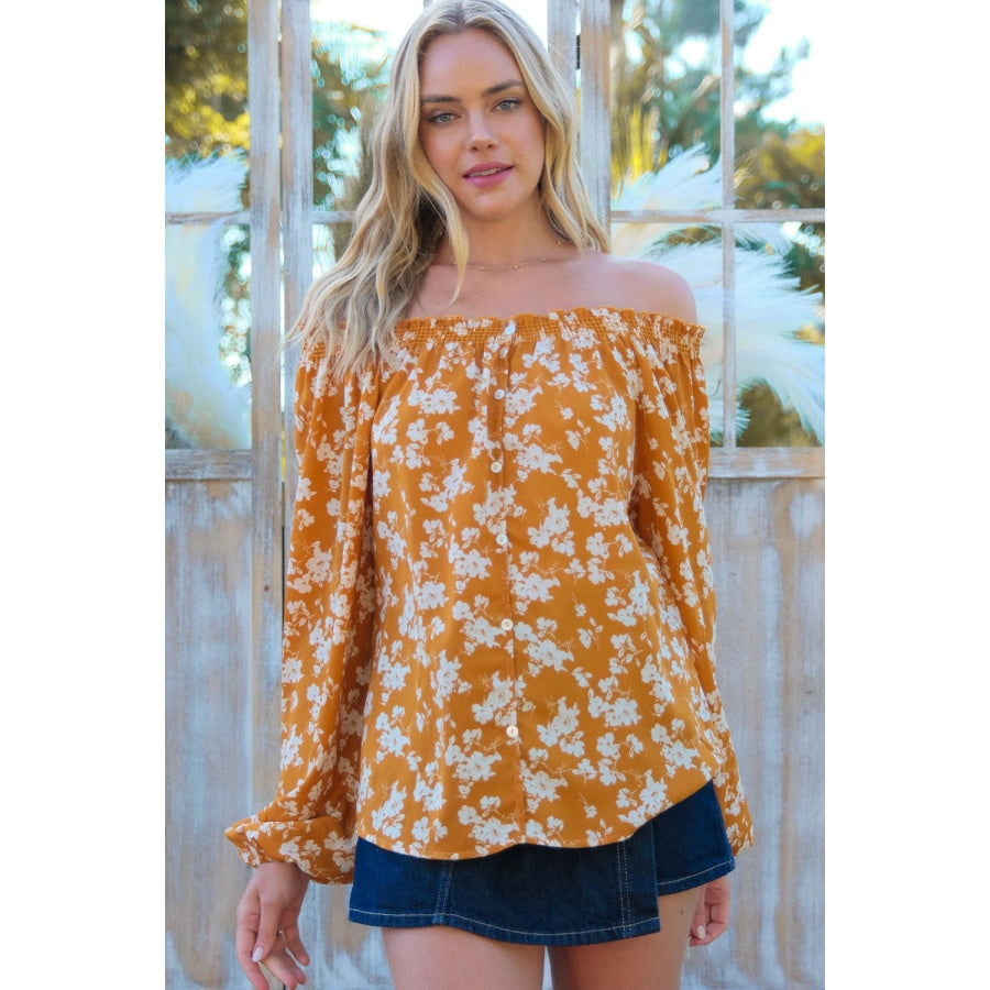 Hailey &amp; Co Floral Off-Shoulder Balloon Sleeve Blouse Mustard / S Apparel and Accessories