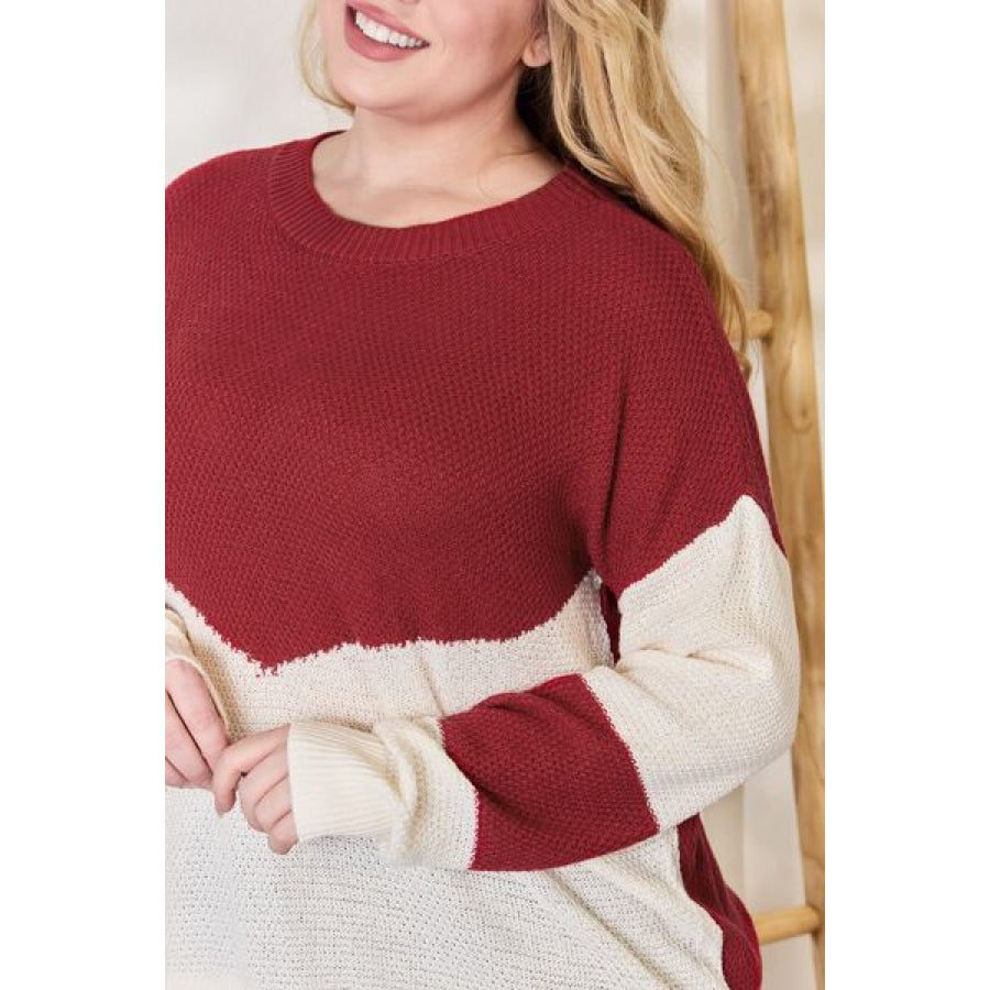Hailey & Co Full Size Color Block Dropped Shoulder Knit Top Clothing