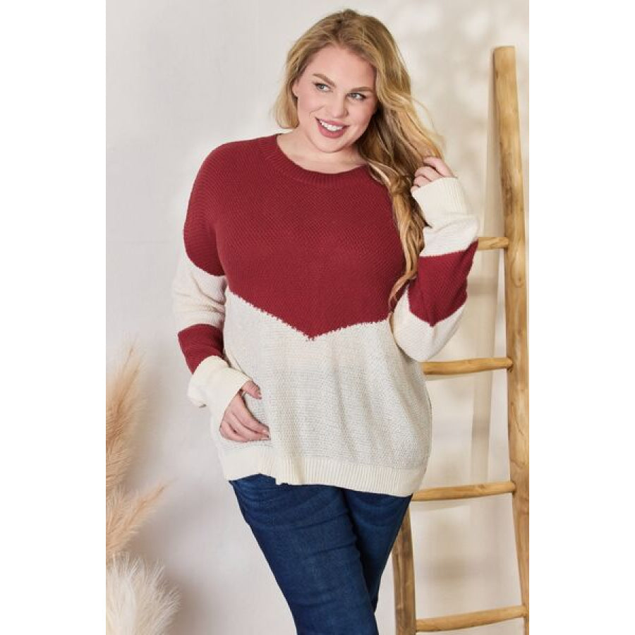 Hailey & Co Full Size Color Block Dropped Shoulder Knit Top Clothing