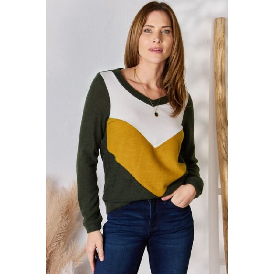 Hailey & Co Full Size Colorblock V-Neck Blouse Olive / S Clothing