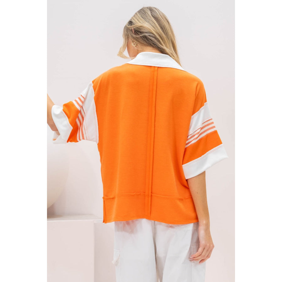 Hailey & Co Full Size Contrast Stripe Polo Shirt Orange / S Apparel and Accessories