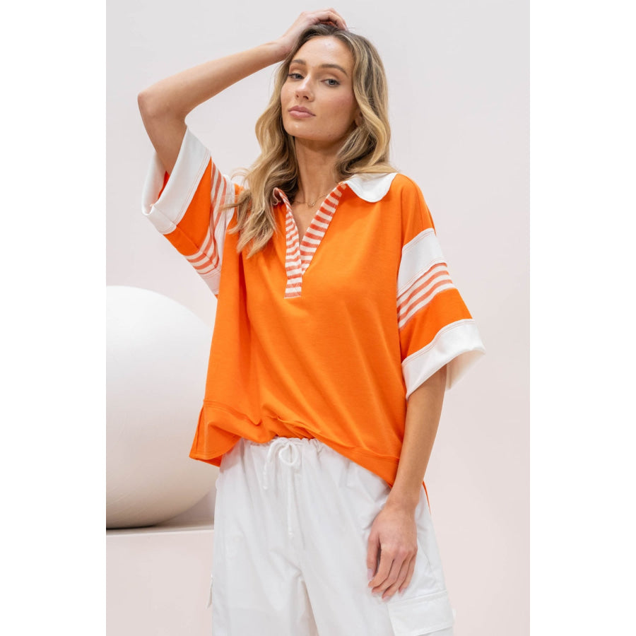 Hailey & Co Full Size Contrast Stripe Polo Shirt Orange / S Apparel and Accessories