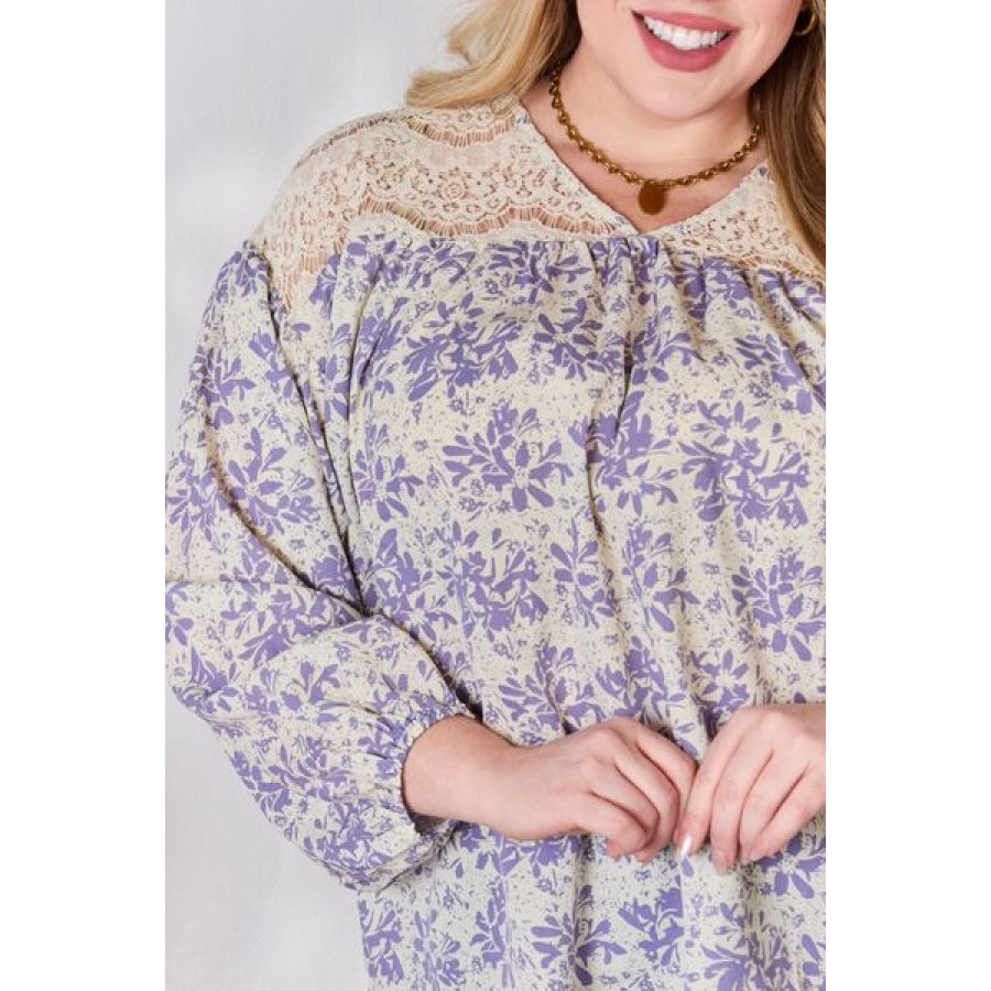 Hailey &amp; Co Full Size Lace Detail Printed Blouse Clothing