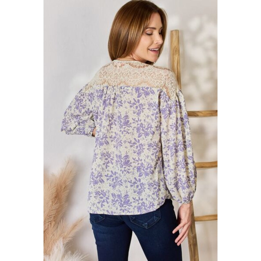 Hailey &amp; Co Full Size Lace Detail Printed Blouse Clothing