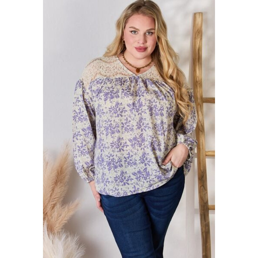 Hailey &amp; Co Full Size Lace Detail Printed Blouse Clothing