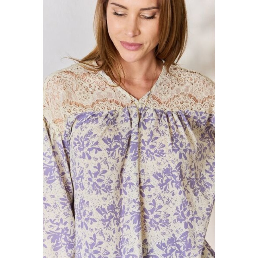 Hailey &amp; Co Full Size Lace Detail Printed Blouse Clothing