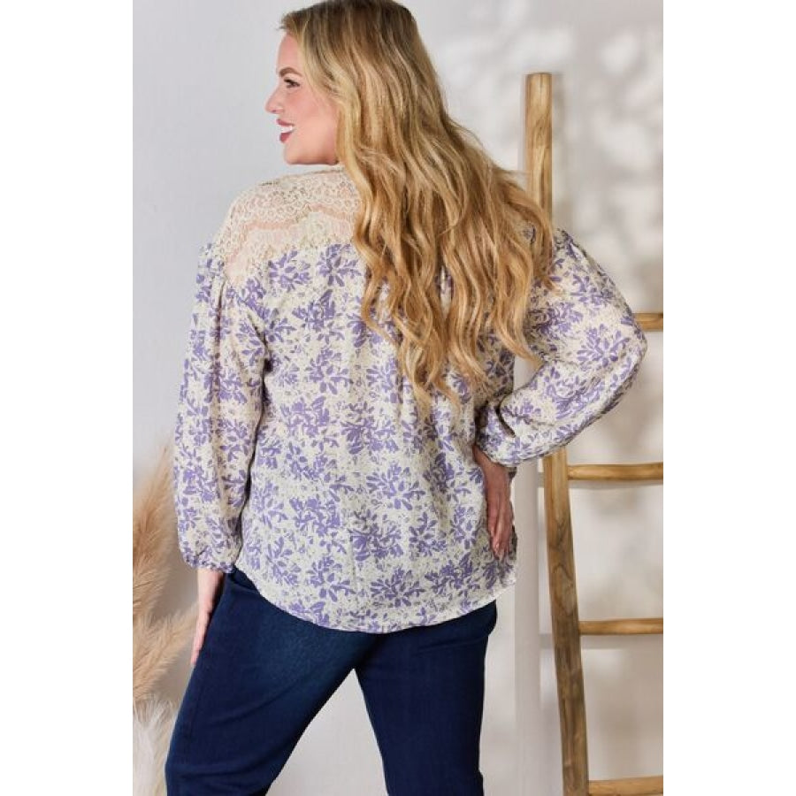 Hailey &amp; Co Full Size Lace Detail Printed Blouse Clothing