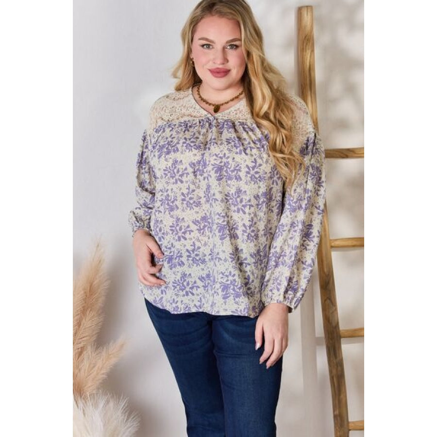 Hailey &amp; Co Full Size Lace Detail Printed Blouse Clothing