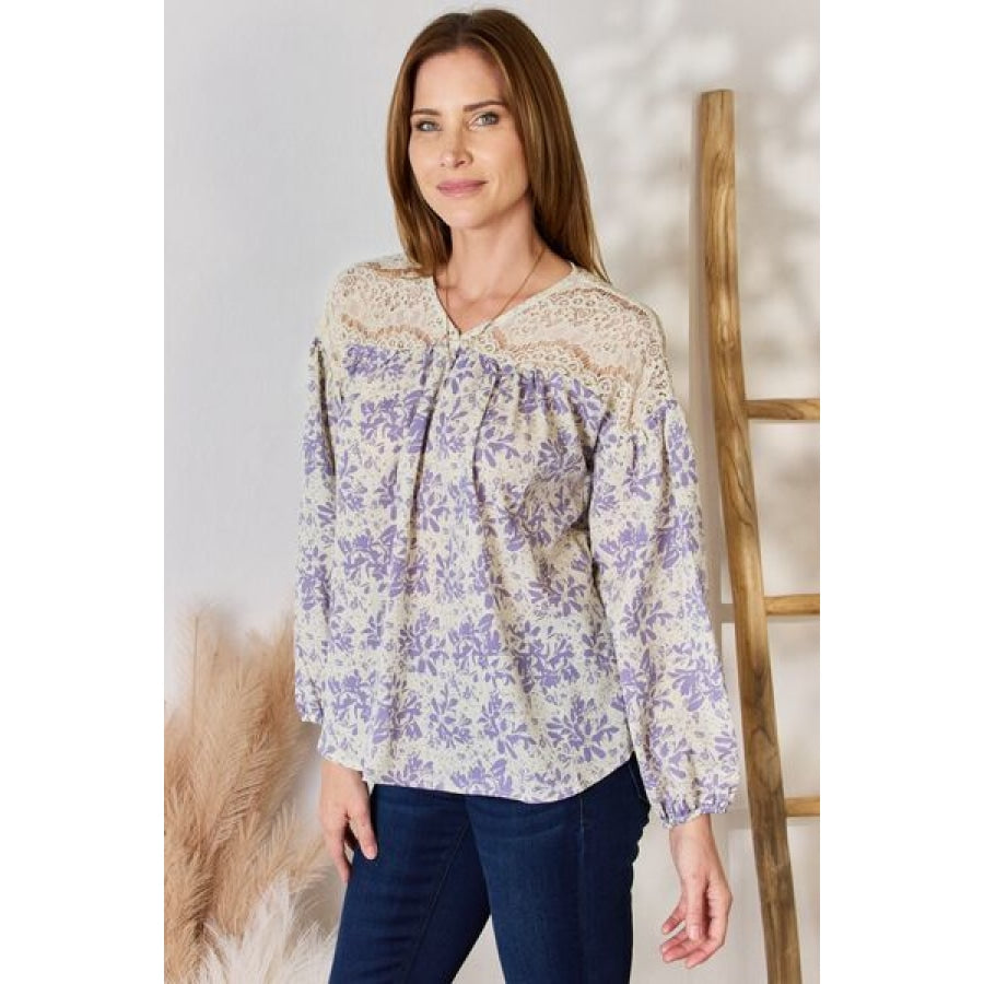 Hailey &amp; Co Full Size Lace Detail Printed Blouse Clothing