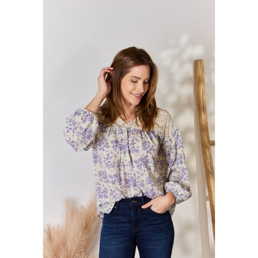 Hailey &amp; Co Full Size Lace Detail Printed Blouse Clothing