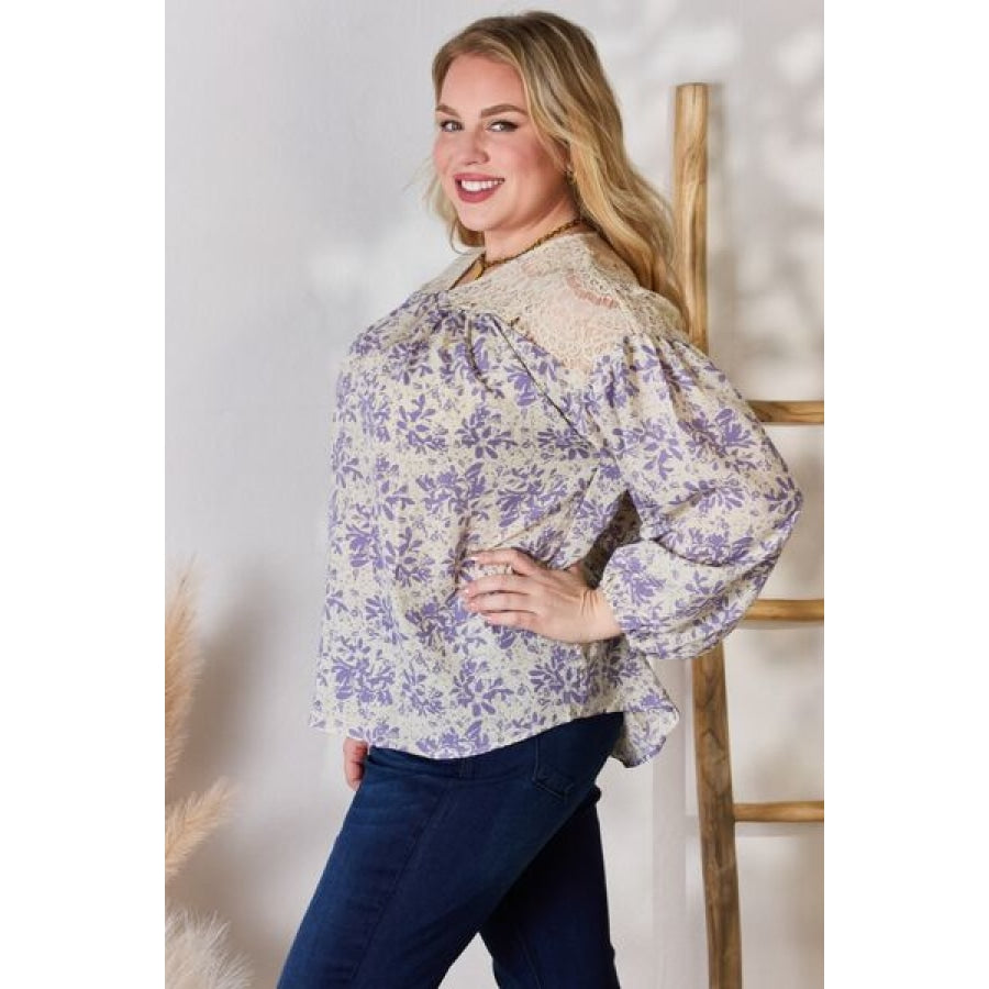 Hailey &amp; Co Full Size Lace Detail Printed Blouse Clothing