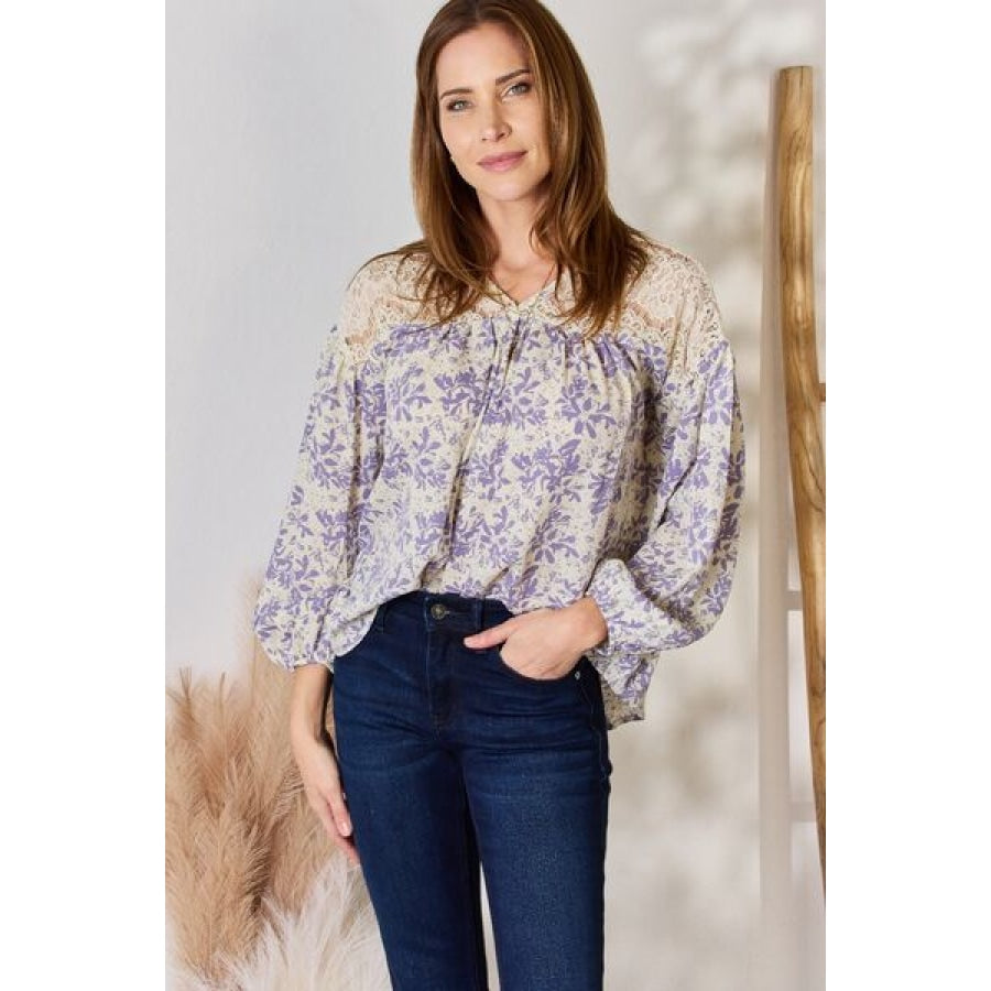 Hailey &amp; Co Full Size Lace Detail Printed Blouse LILAC / S Clothing