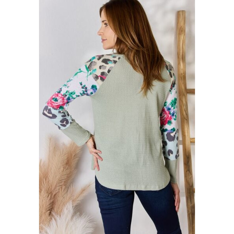 Hailey & Co Full Size Printed Round Neck Blouse SAGE / S Clothing