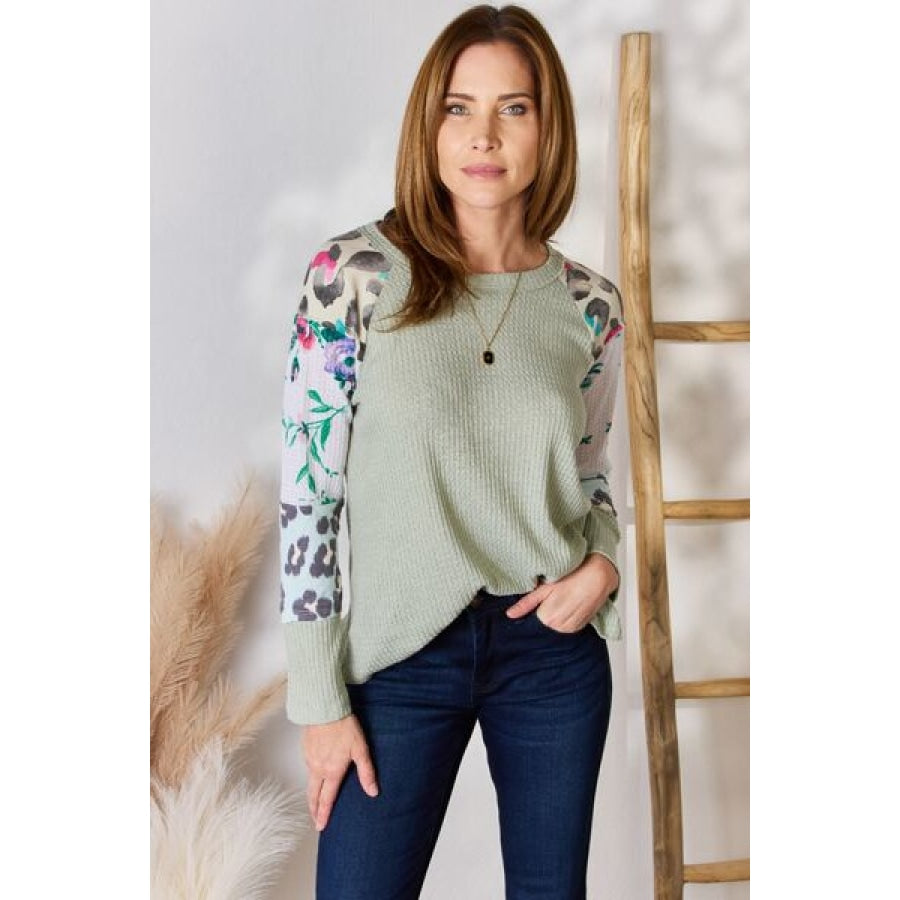 Hailey &amp; Co Full Size Printed Round Neck Blouse SAGE / S Clothing