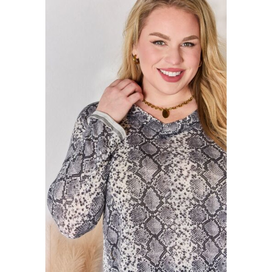 Hailey &amp; Co Full Size Snakeskin V-Neck Long Sleeve Top Clothing