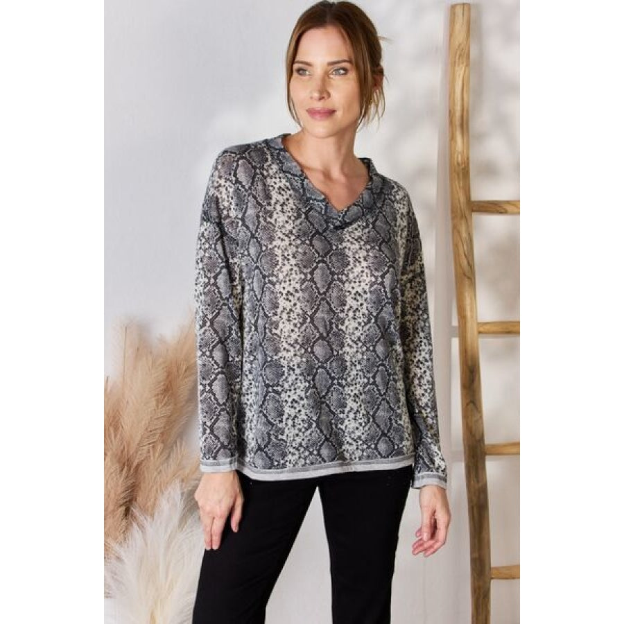 Hailey &amp; Co Full Size Snakeskin V-Neck Long Sleeve Top Clothing