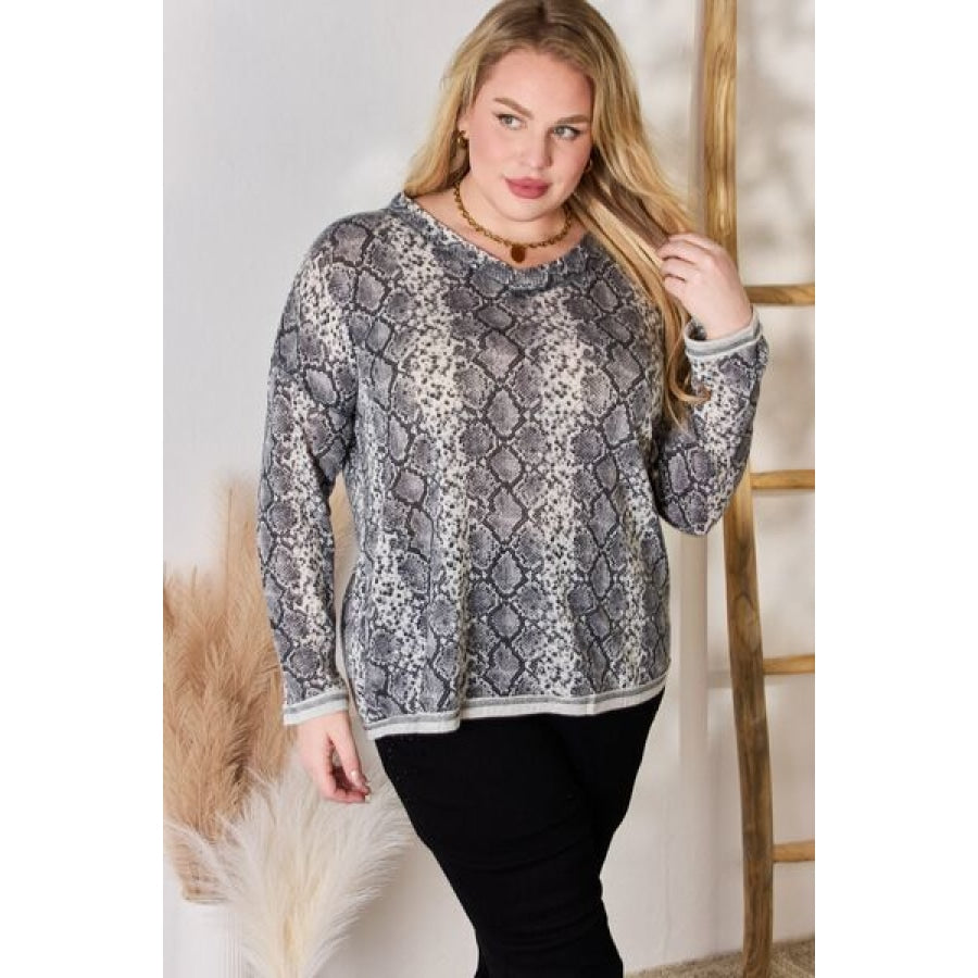 Hailey &amp; Co Full Size Snakeskin V-Neck Long Sleeve Top Clothing