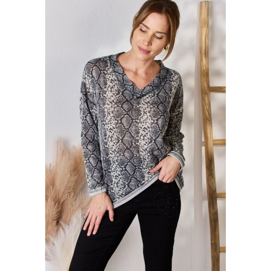 Hailey &amp; Co Full Size Snakeskin V-Neck Long Sleeve Top Clothing