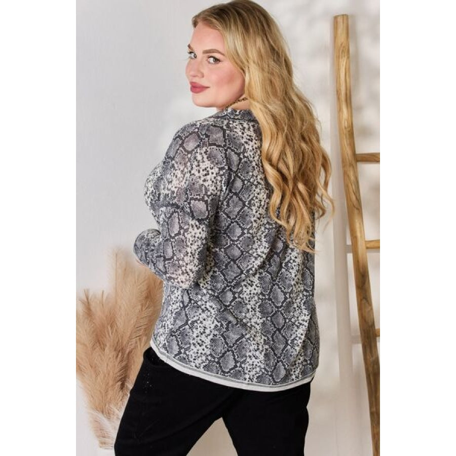 Hailey &amp; Co Full Size Snakeskin V-Neck Long Sleeve Top Clothing