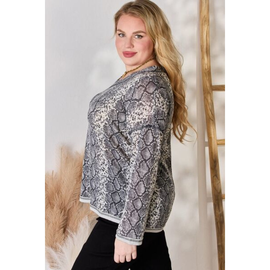 Hailey &amp; Co Full Size Snakeskin V-Neck Long Sleeve Top Clothing