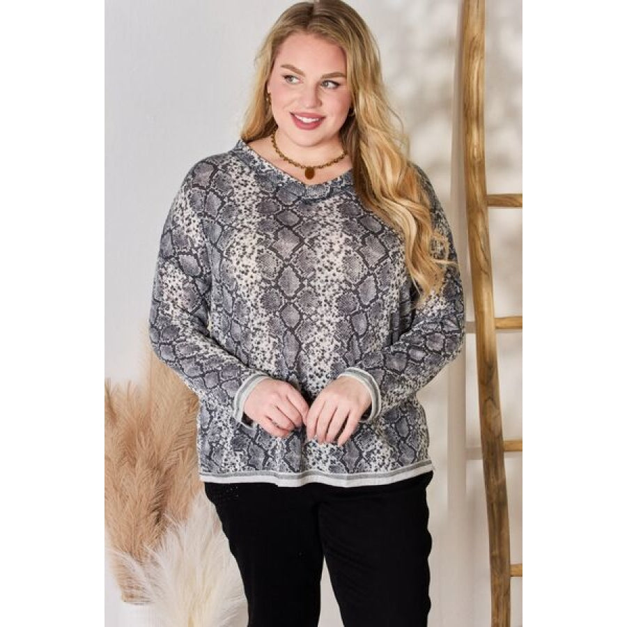 Hailey &amp; Co Full Size Snakeskin V-Neck Long Sleeve Top GREY / S Clothing