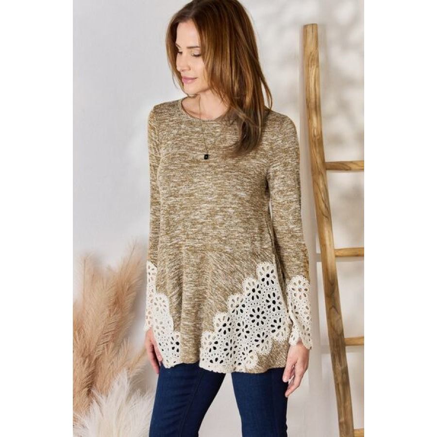 Hailey & Co Round Neck Crochet Detail Knit Top MUSTARD / S Clothing