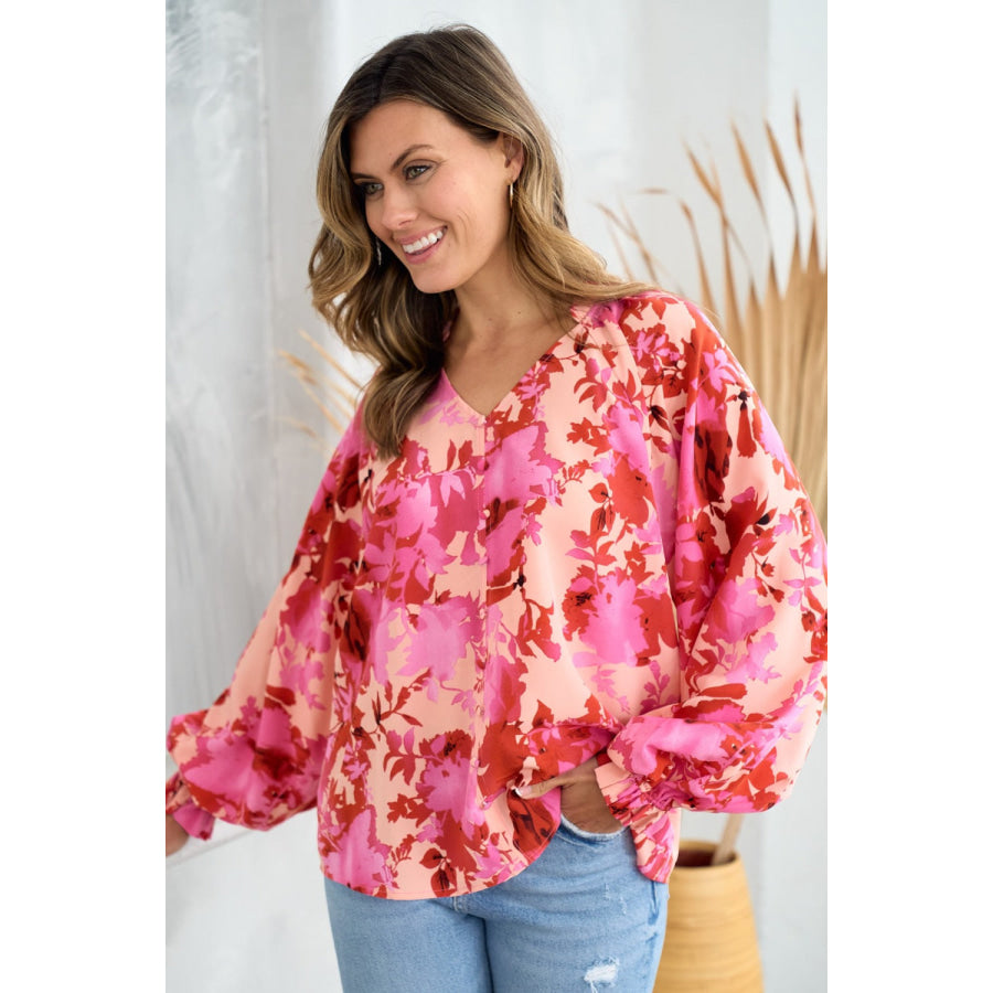 Hailey & Co Ruffle V-Neck Decor Button Floral Blouse Apparel and Accessories