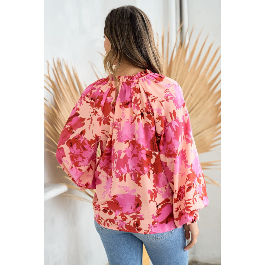 Hailey & Co Ruffle V-Neck Decor Button Floral Blouse Pink / S Apparel and Accessories