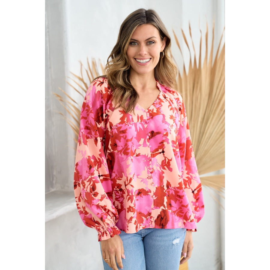 Hailey & Co Ruffle V-Neck Decor Button Floral Blouse Pink / S Apparel and Accessories