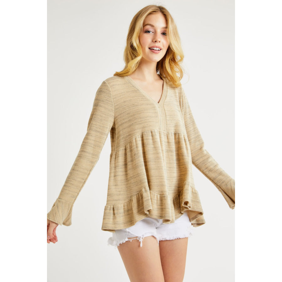 Hailey & Co V-Neck Flounce Sleeve Knit Top Taupe / S Apparel and Accessories