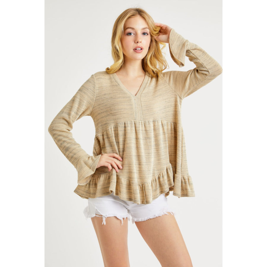 Hailey &amp; Co V-Neck Flounce Sleeve Knit Top Taupe / S Apparel and Accessories