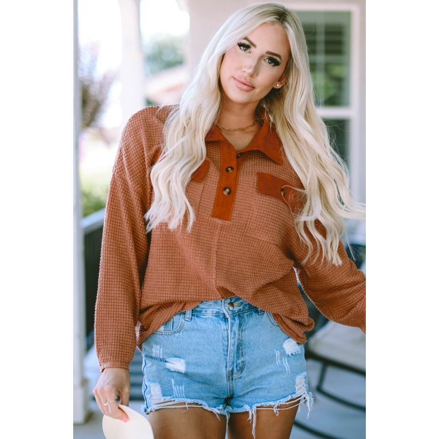 Half-Button Collared Long Sleeve Top