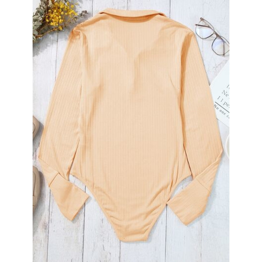 Half Button Collared Neck Long Sleeve Bodysuit Light Apricot / S Clothing