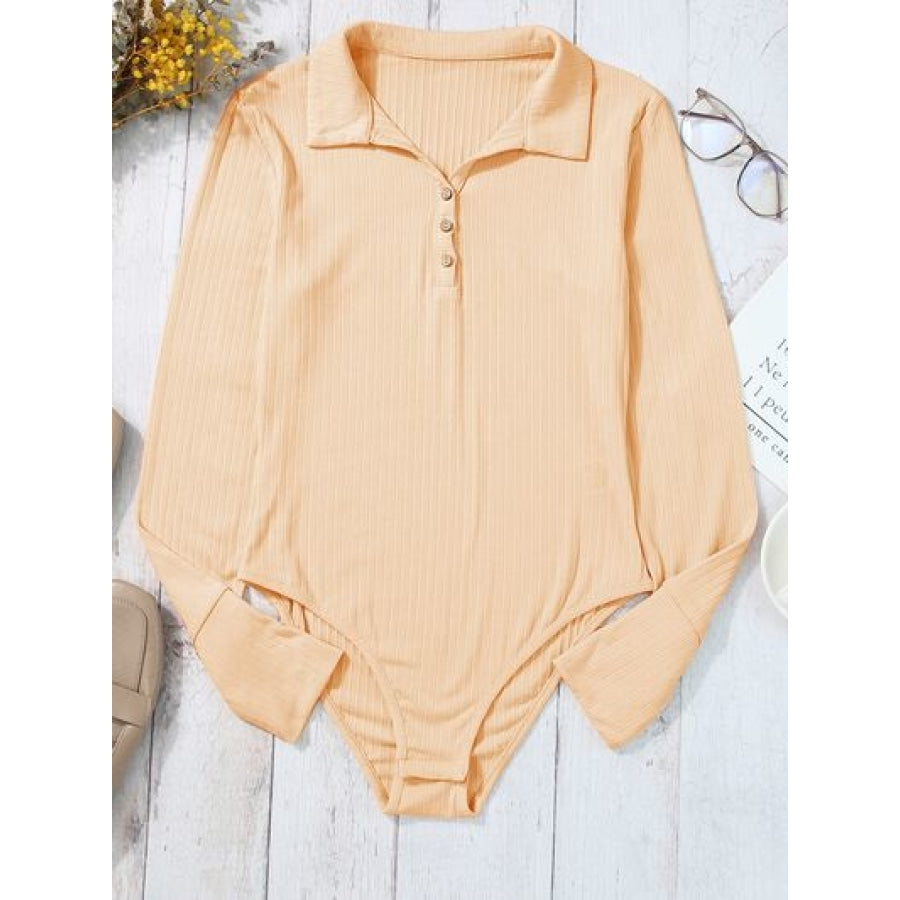 Half Button Collared Neck Long Sleeve Bodysuit Light Apricot / S Clothing