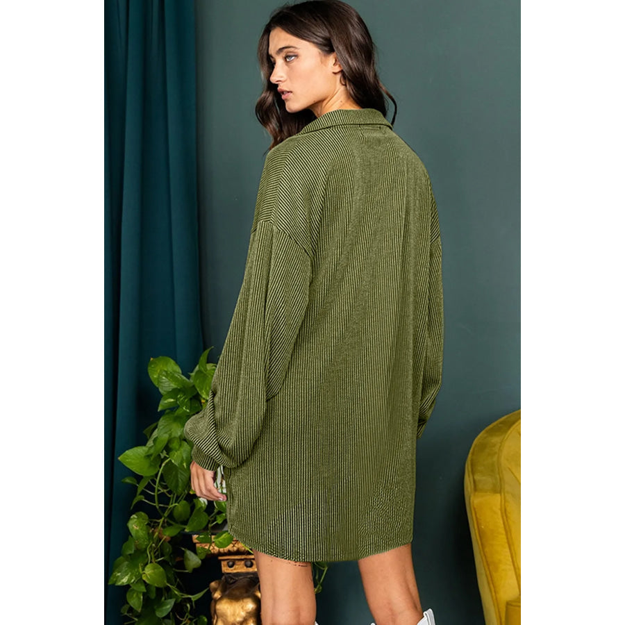 Half Button Collared Neck Long Sleeve Dress Moss / S Apparel and Accessories